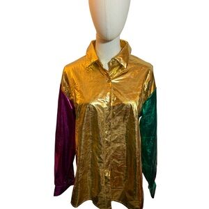 Shimmery Metallic unisex  Gold, Purple & Green Button-Up – Size Small